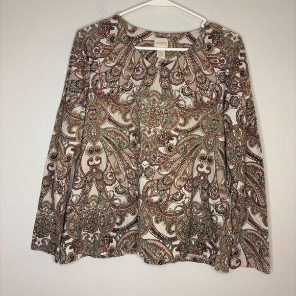 CHICOS Sz 2 VNeck Pink Paisley Stretch Long Sleeve Tee - Picture 1 of 4